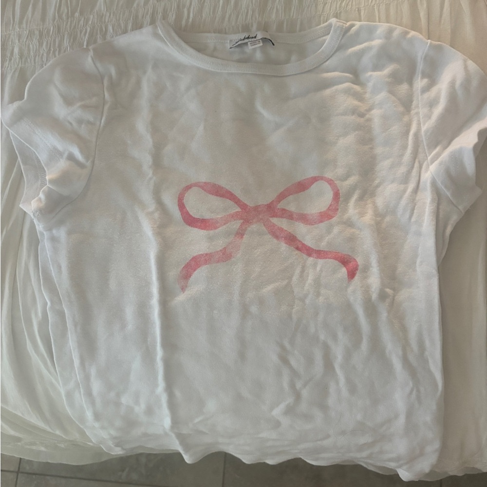 White and Pink Short Sleeve Tee with Bow Design